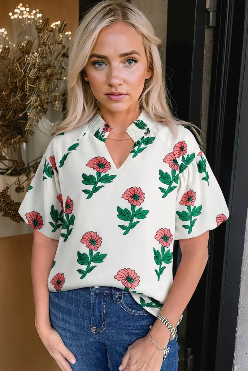 Beige Floral Print Shirred Split Neck Short Sleeve Blouse for Women - Love Salve